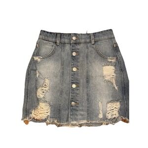 Free People Distressed Denim Mini Skirt Light Wash Button Front Raw Hem Size 2